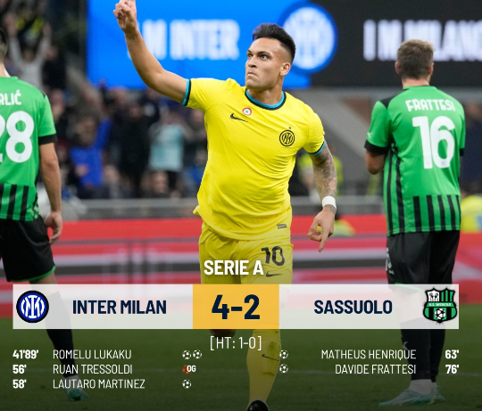 Inter Milan 4-2 Sassuolo: Biscione climb to 3rd in Serie A